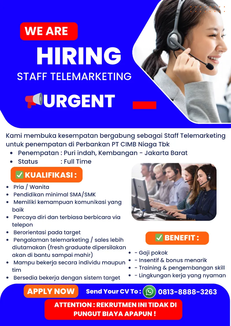 NEED URGENT LOWONGAN PEKERJAAN STAFF TELEMARKETING - adasale